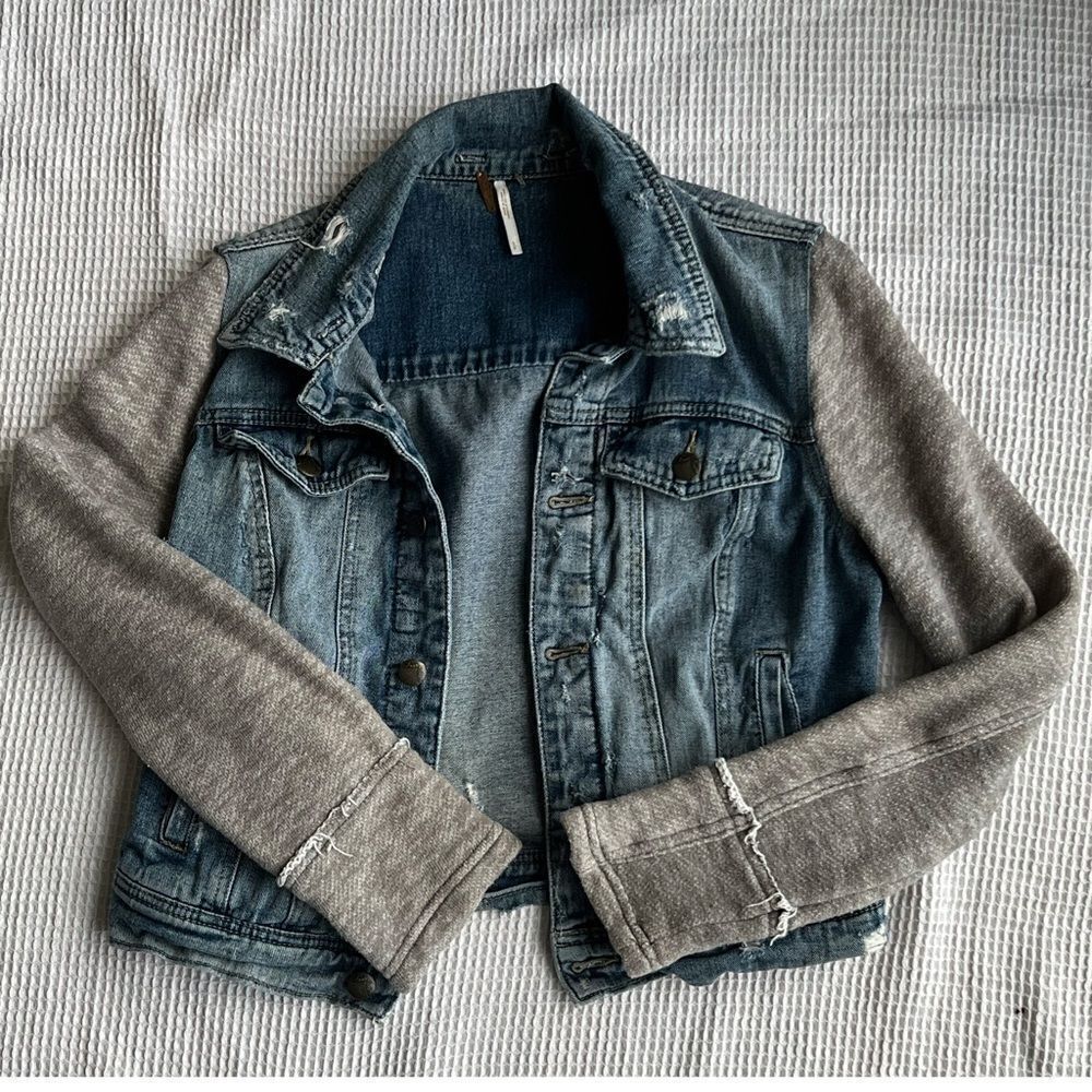 Free People Sweatshirt Knit Jean Distressed Streetwear  Fall Jacket Size S - Picture 3 of 10
